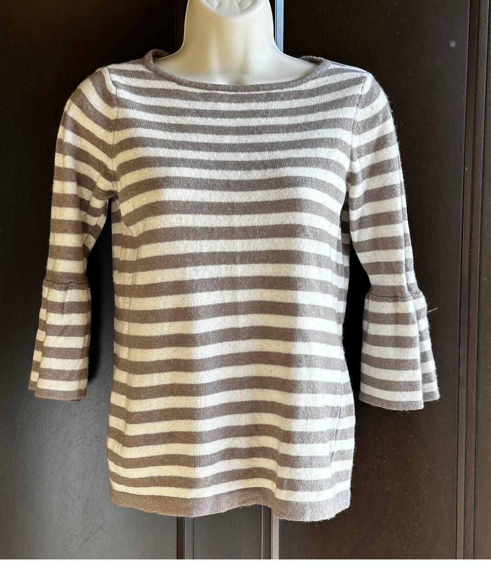 Benedetta B Wool Cashmere Sweater Striped Bell Sleeves Taupe Cream Women's Med